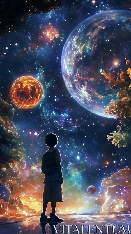 Boy gazes cosmic sky beneath glowing planets and nebulae.