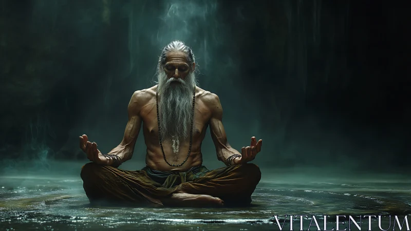 Photorealistic ascetic yogi in misted cavernous pool composition.