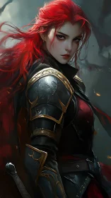 Scarlet warborn knight stares down stormlit destiny.