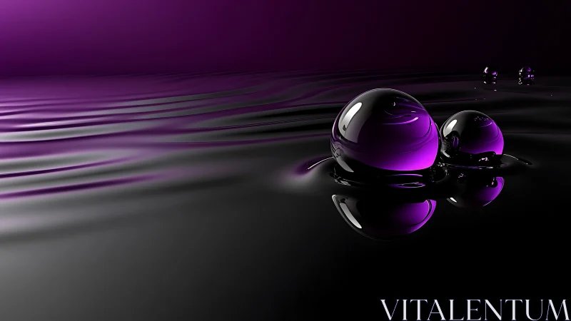 Purple reflective spheres on dark liquid surface at rest.