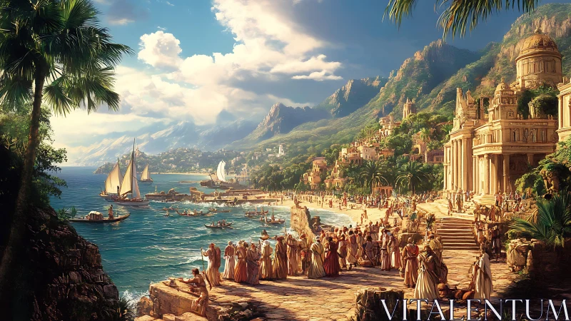 Sunlit ancient coastal city bustles beside turquoise harbor