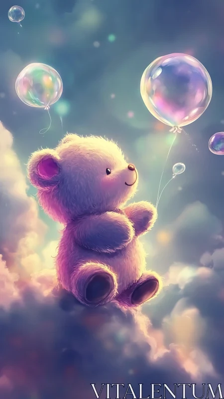 Soft glowing teddy bear with iridescent bubbles in clouds.
