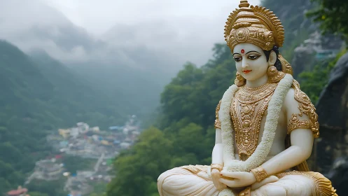 Photorealistic goddess sculpture in misty mountain landscape.