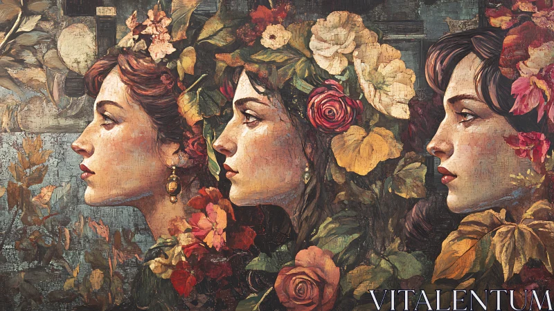 Three Women in Profile with Floral Crowns, Vintage Oil Painting Style.