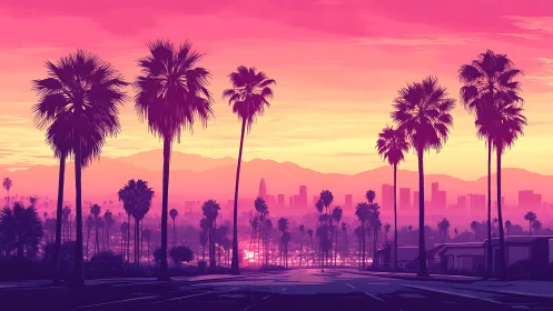 Palm-lined urban boulevard recedes toward hazy sunset skyline