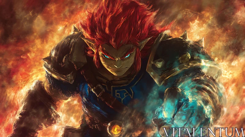 Flame crowned warlord charges through fire with arcane fist.