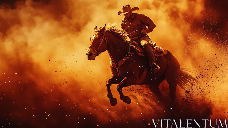 Cowboy on galloping horse in dense orange dust cloud.