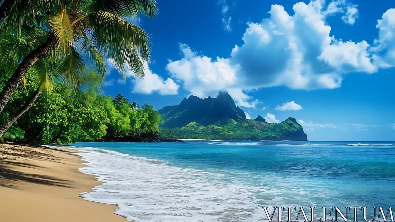 Tropical beach paradise with volcanic mountain coastline.