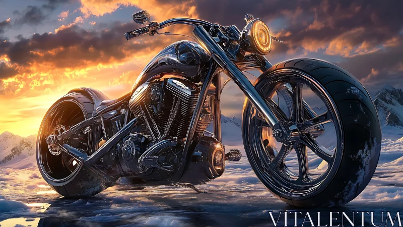 Chrome titan motorcycle idles over frostbitten sunset plains.