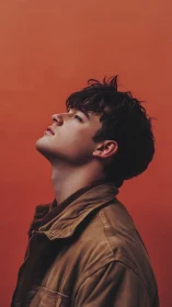 Side profile portrait of young man against orange backdrop.