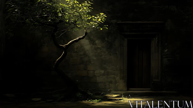 Solitary courtyard tree under narrow beam of light.