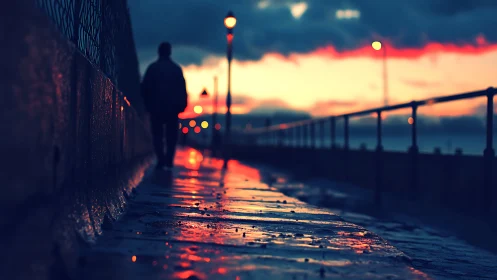Moody seaside walk along a rain-soaked sunset promenade.