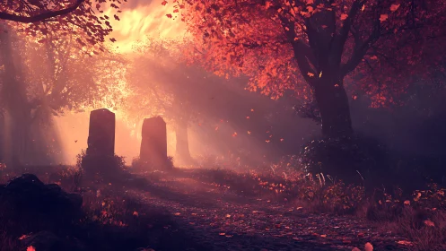 Autumn graveyard path glows with haunting, misty sunset light