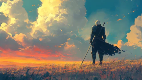 Lone warrior pauses at sunset beneath glowing storm clouds