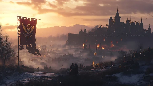 War-torn fortress at dusk beneath a smoldering red banner.