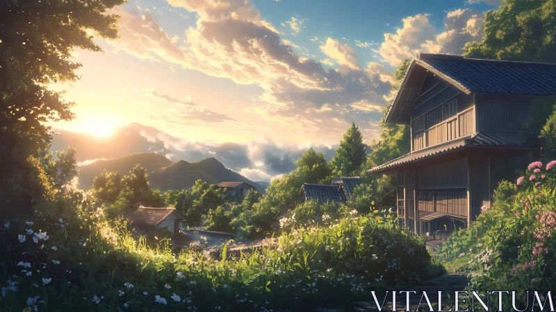 Sunlit rural house overlooks atmospheric mountain valley