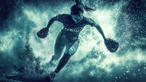 Storm-sprinting softball heroine carved from teal starlight.