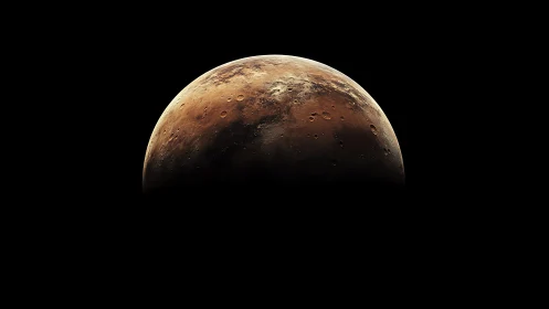 Terminator view of cratered Mars hemisphere in darkness.