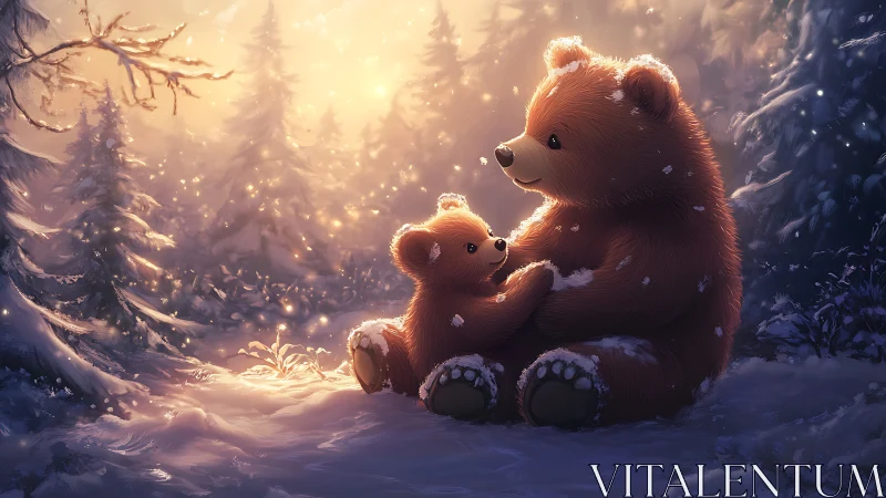 Brown bears seated in snowy forest under warm sunset light.