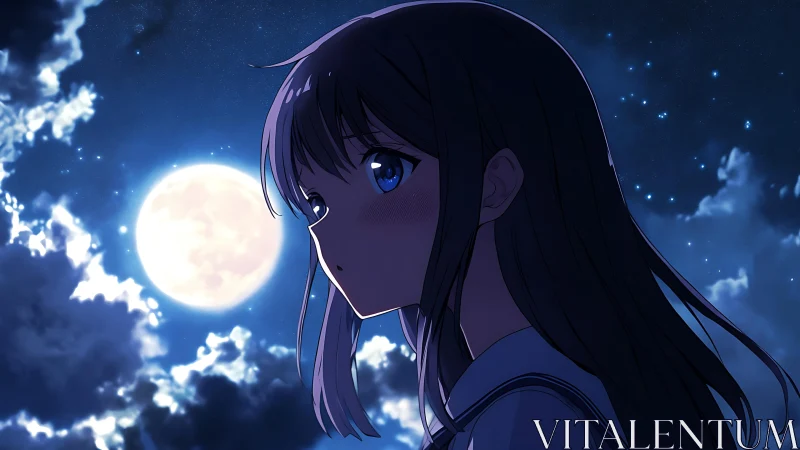 Moonlit anime girl gazes through deep cobalt night sky.