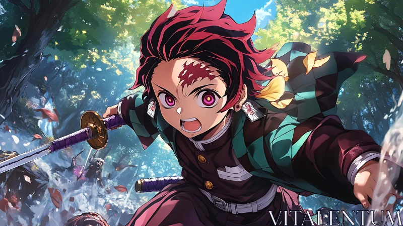 Young anime swordsman charges forward through a sunlit forest