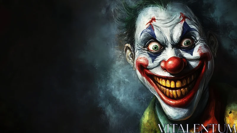 Sinister painted clown grins with eerie, exaggerated menace.