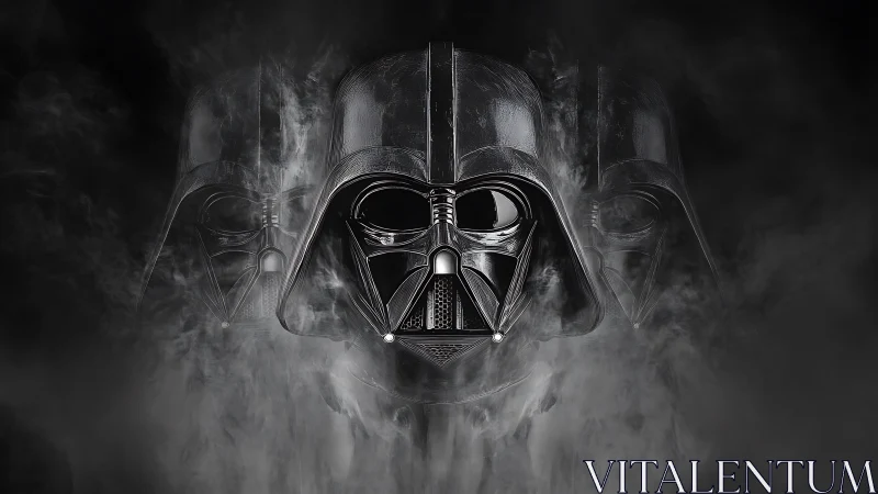 Dark armored mask emerging through swirling grey smoke.