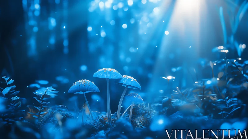 Midnight blue mushrooms bask under whispered forest starlight.