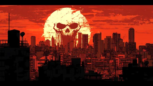 Red city skyline with large skull-shaped sun behind towers