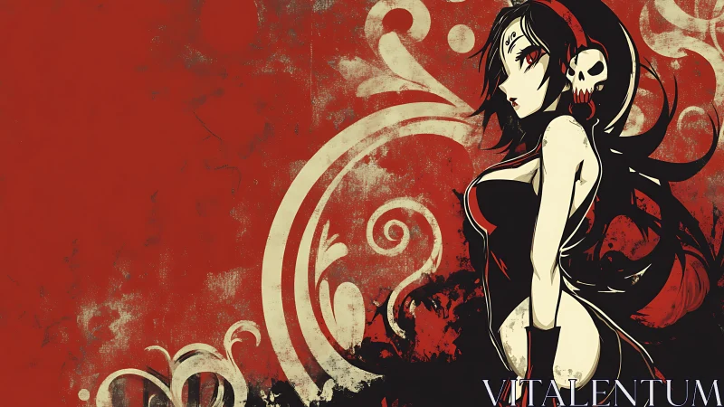 Stylized anime woman with skull motif on red abstract background.