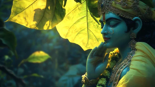 Serene blue deity statue under large backlit leaf canopy.