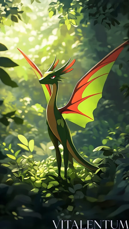 Bioluminescent forest dragon with translucent wings in canopy light