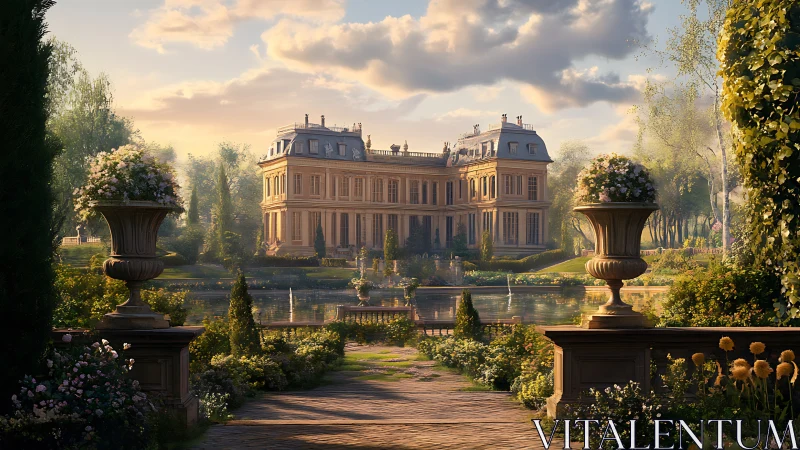 Sunlit French chateau rises over serene ornamental gardens