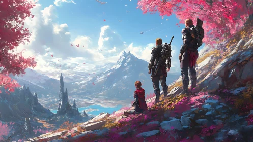 Armored explorers overlook vast pink valley and peaks