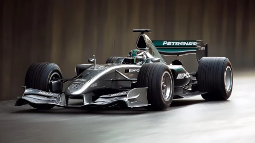 Silver bullet race car slices through a blurred speed tunnel.