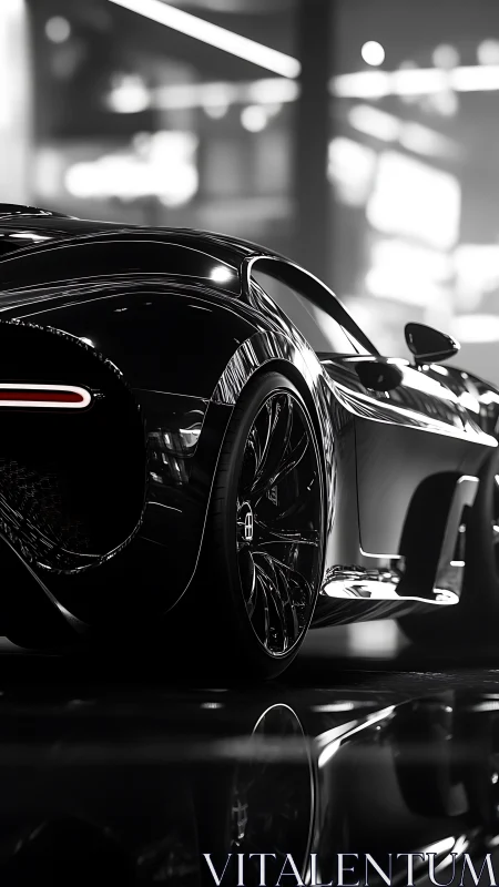 Black hypercar rear detail under glossy showroom lights