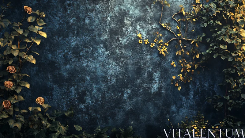 Weathered Sanctuary: Roses and Golden Foliage Frame Moody Stone.