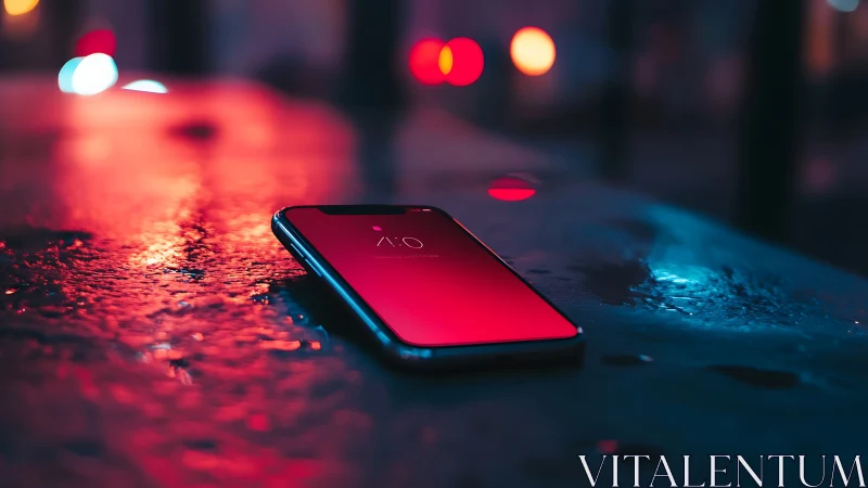 Smartphone glowing red on wet night street with city bokeh