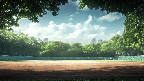 Empty clay sports court is enclosed by dense urban trees