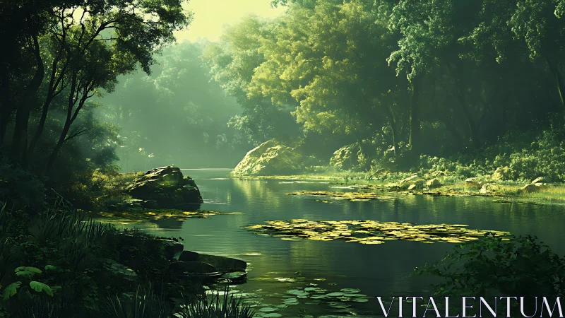 Backlit forest river with volumetric light and dense foliage