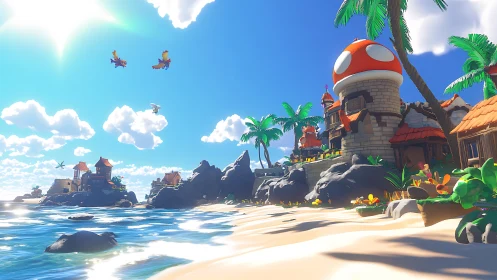 Tropical Island Settlement with Mushroom Tower and Beach