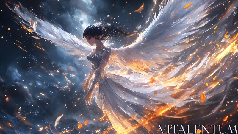 Winged female figure amid luminous particles and clouds.