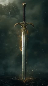 Enchanted greatsword hovers over embers in stormy gloom.