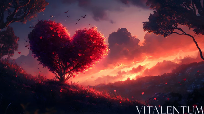 Heart-Shaped Tree Ablaze at Sunset Over Romantic Valley Landscape