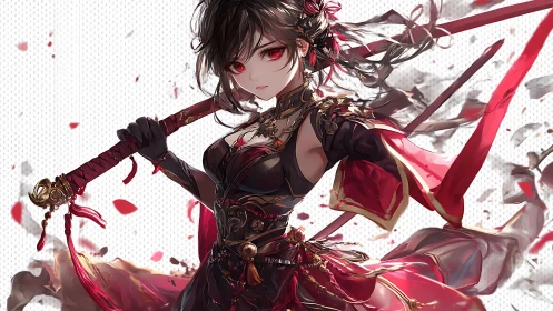 Scarlet blade dancer poised in storm of drifting petals.
