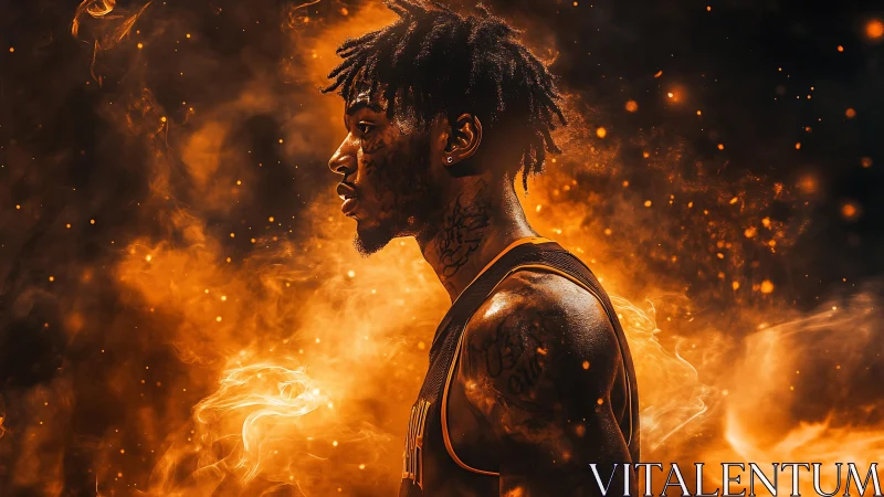 Digital painting profile of athlete in fiery aurora field.