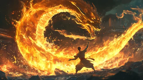 Fire mage confronts massive flaming dragon arc in battle
