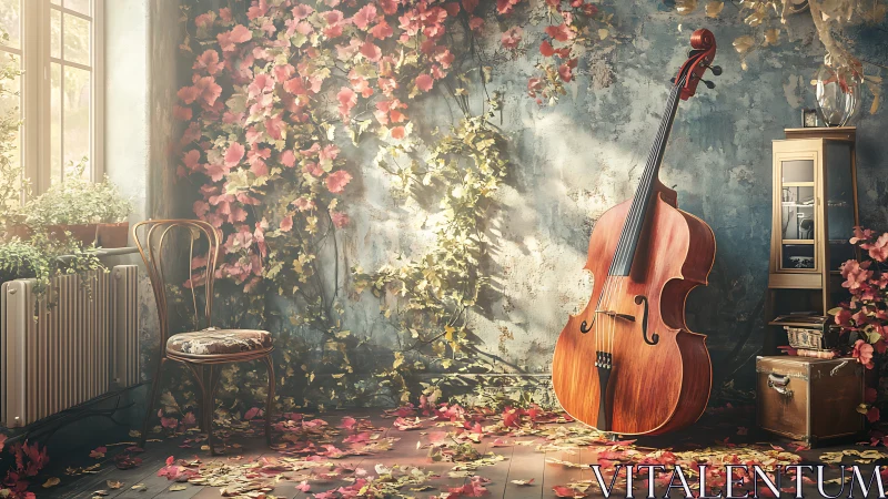 Sunlit cello in vintage floral studio corner interior.