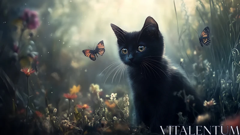 Black cat in garden surrounded by flowers and butterflies