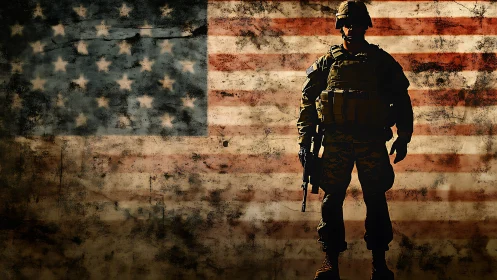 Battleworn silhouette stands guard before weathered flag.
